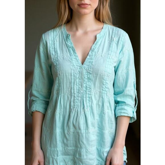 CP Shades x Calypso St. Barth Blue Linen Embroidered Pintuck Tunic Size XS - Picture 1 of 8